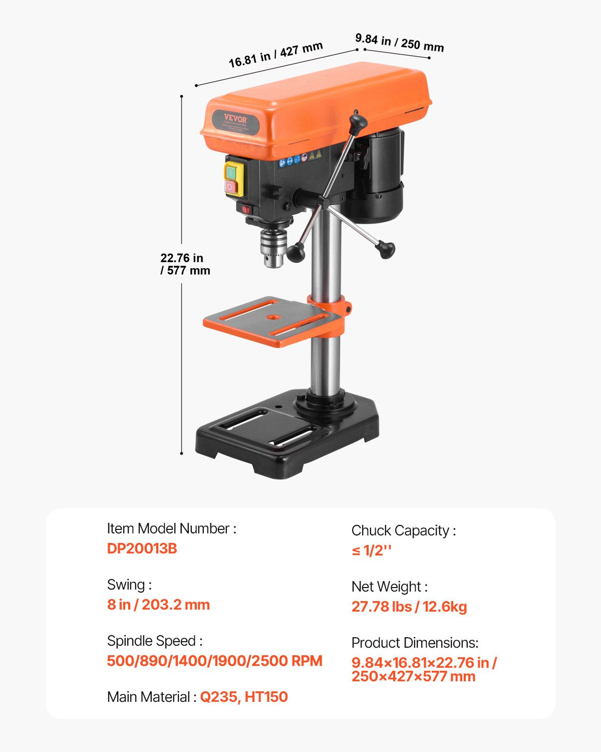 203.2mm Benchtop Drill Press, 500W Induction Motor, Tabletop Drilling Machine with 500 / 890 / 1400 / 1900 / 2500 RPM Adjustable Speed, 0-45° Tilting Worktable, LED Work Light, for Wood Metal