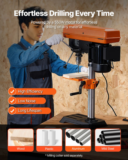 254 mm Benchtop Drill Press, 550W Induction Motor, Tabletop Drilling Machine with 550 / 950 / 1500 / 2000 / 2500 RPM Adjustable Speed, 0-45° Tilting Worktable, X-Ray Positioning, for Wood Metal