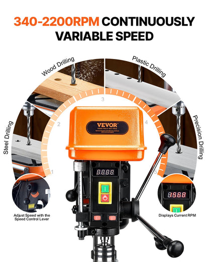 304.8 mm Benchtop Drill Press, 750W, 340-2200 RPM Variable Speed Bench Drill Press, with 0-45° Tilting Worktable, LED Work Light, X-ray Positioning, Tabletop Drilling Machine for Wood Metal