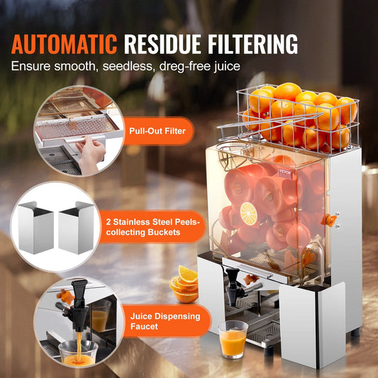Commercial 120W Orange Juicer, 20 Oranges/Min, Stainless Steel, 450x425x780 mm