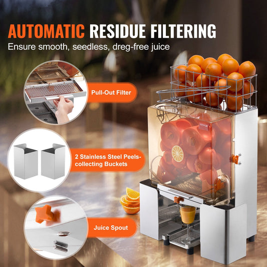 Commercial 120W Stainless Steel Orange Juicer, 20 Oranges/Min, 40 kg
