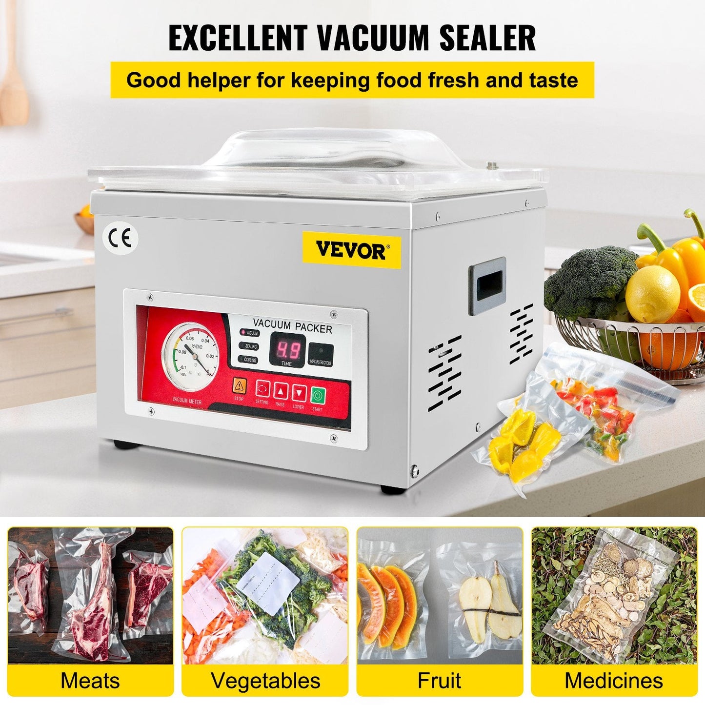 Chamber Vacuum Sealer Machine, 6.5 cbm/h Pump, 220V, Stainless Steel, 22 kg