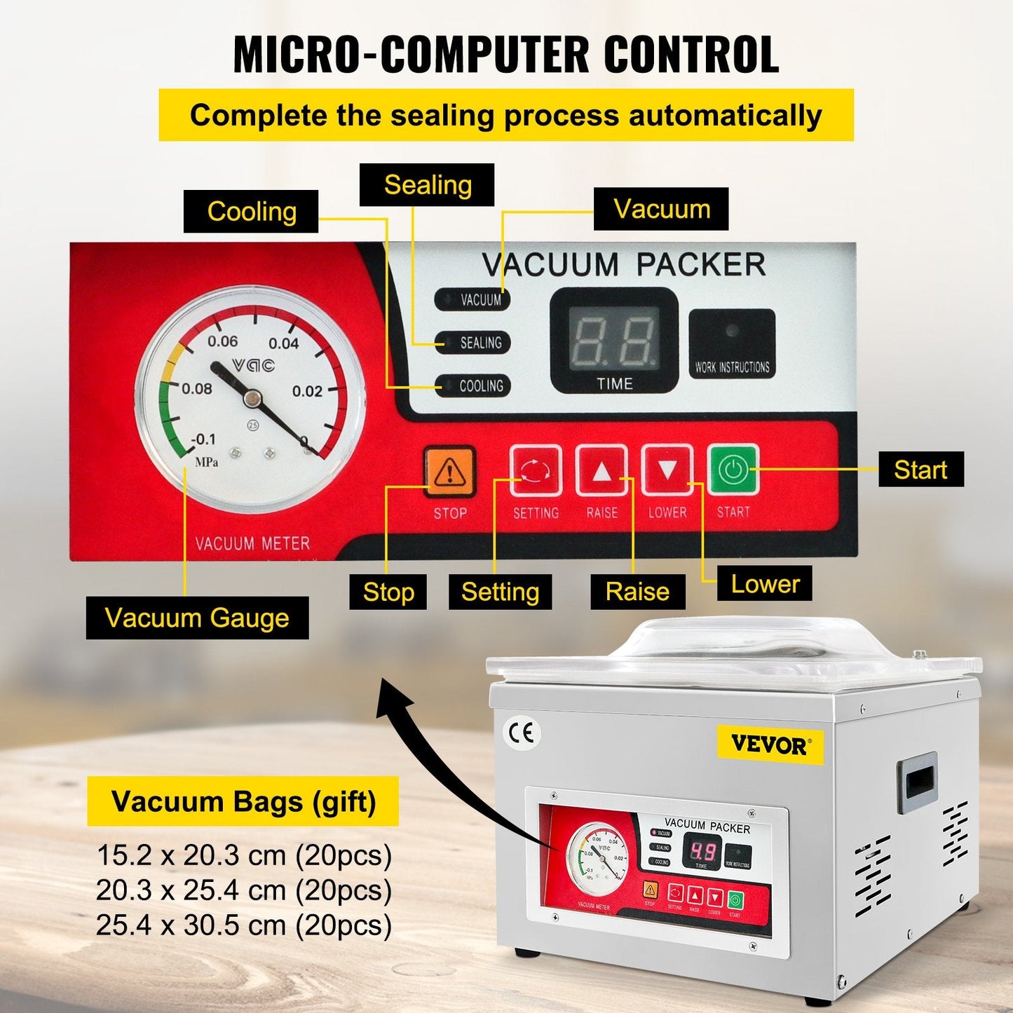 Chamber Vacuum Sealer Machine, 6.5 cbm/h Pump, 220V, Stainless Steel, 22 kg