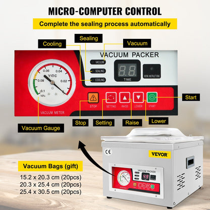 Chamber Vacuum Sealer Machine, 6.5 cbm/h Pump, 220V, Stainless Steel, 22 kg
