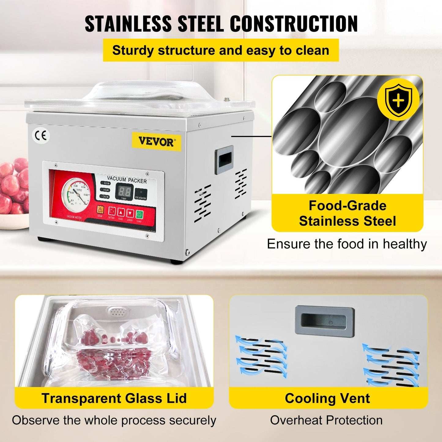 Chamber Vacuum Sealer Machine, 6.5 cbm/h Pump, 220V, Stainless Steel, 22 kg