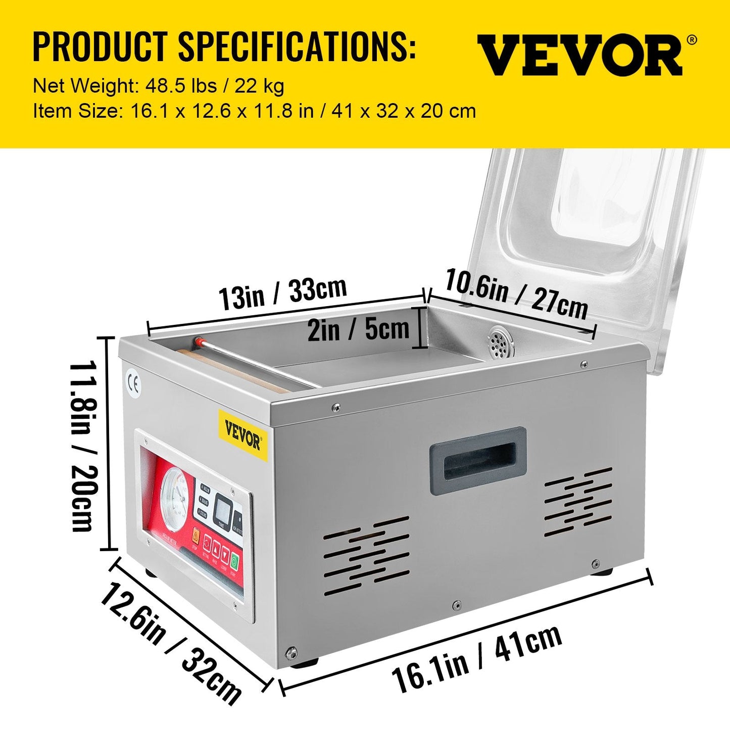 Chamber Vacuum Sealer Machine, 6.5 cbm/h Pump, 220V, Stainless Steel, 22 kg