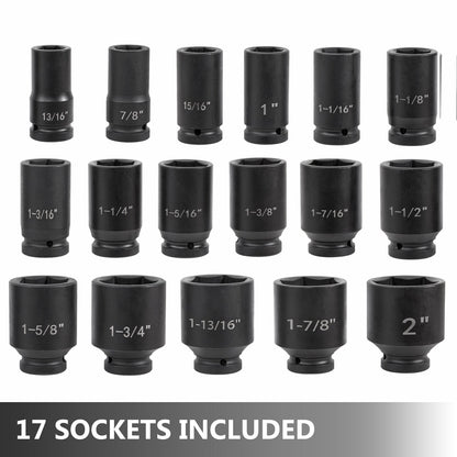 22-Piece Deep Impact Socket Set with Ratchet and Adapters, SAE 2.2-5 cm