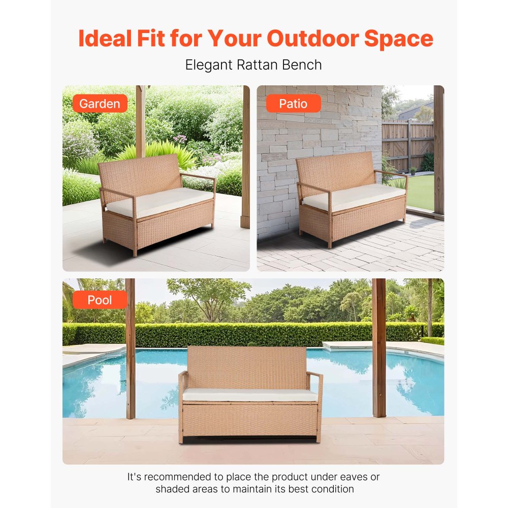 VEVOR Outdoor Storage Bench PE Rattan 265L Deck Box Waterproof Outdoor Seat