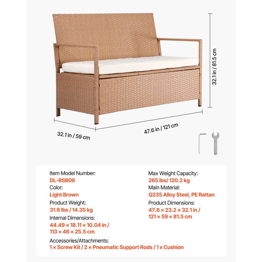 VEVOR Outdoor Storage Bench PE Rattan 265L Deck Box Waterproof Outdoor Seat