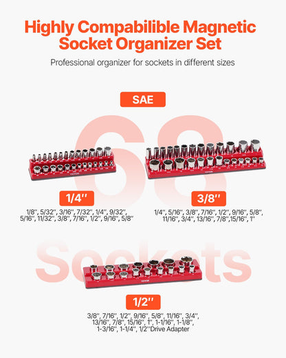 VEVOR Magnetic Socket Organizer Set 3PCS Magnetic Socket Trays Red for SAE