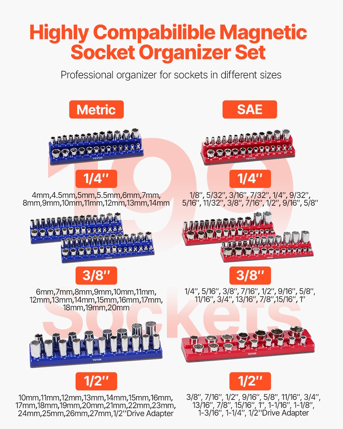 VEVOR Magnetic Socket Organizer Set 8PCS Socket Trays Blue & Red for Metric SAE