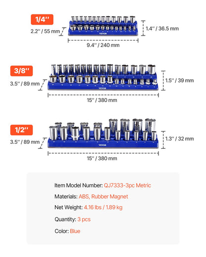 VEVOR Magnetic Socket Organizer Set 3PCS Magnetic Socket Trays Blue for Metric