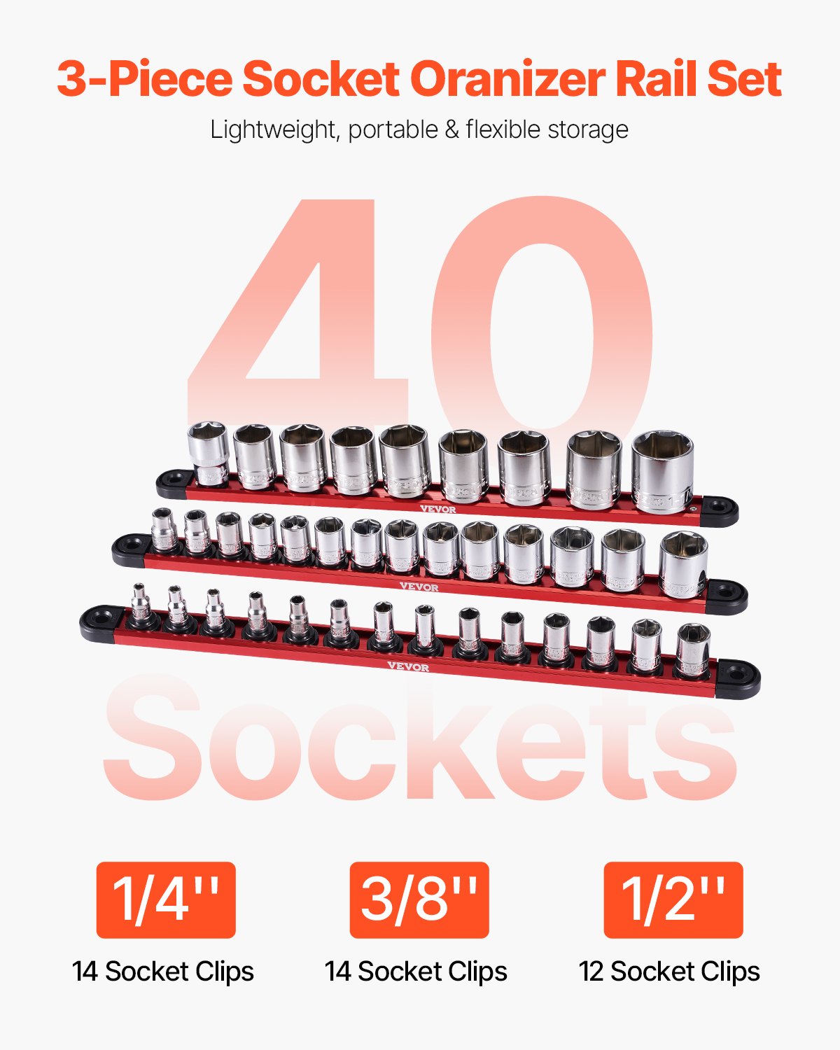 VEVOR Socket Organizer Rail Set 3PCS Aluminum Socket Organizers with 40 Clips