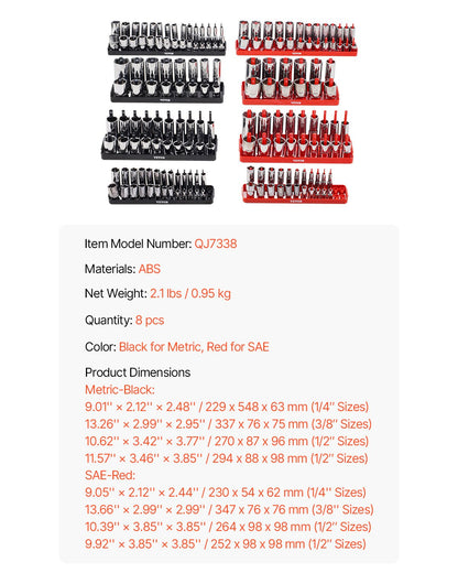 VEVOR Socket Organizer Set 8PCS High-Rod Socket Tray Black & Red for Metric SAE