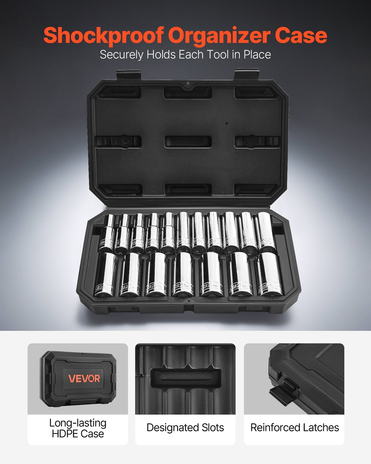 Socket Set, 18 Pieces, 12.7 mm Drive Socket Tool Set, Metric Size from 10 to 27 mm, Mechanic Tool Kit with Storage Case, Clear Markings, Chrome Plated CR-V Alloy Steel, for Automotive Repair