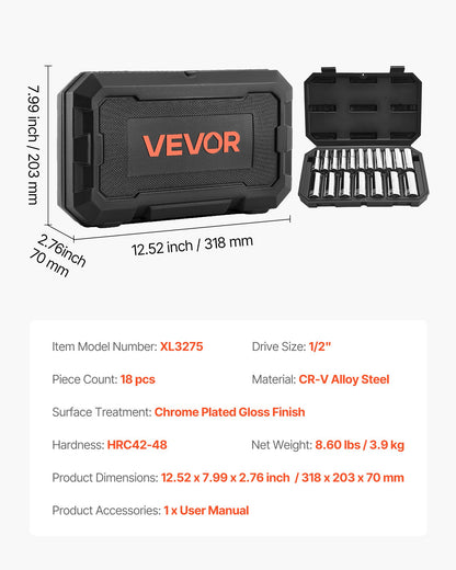 Socket Set, 18 Pieces, 12.7 mm Drive Socket Tool Set, Metric Size from 10 to 27 mm, Mechanic Tool Kit with Storage Case, Clear Markings, Chrome Plated CR-V Alloy Steel, for Automotive Repair