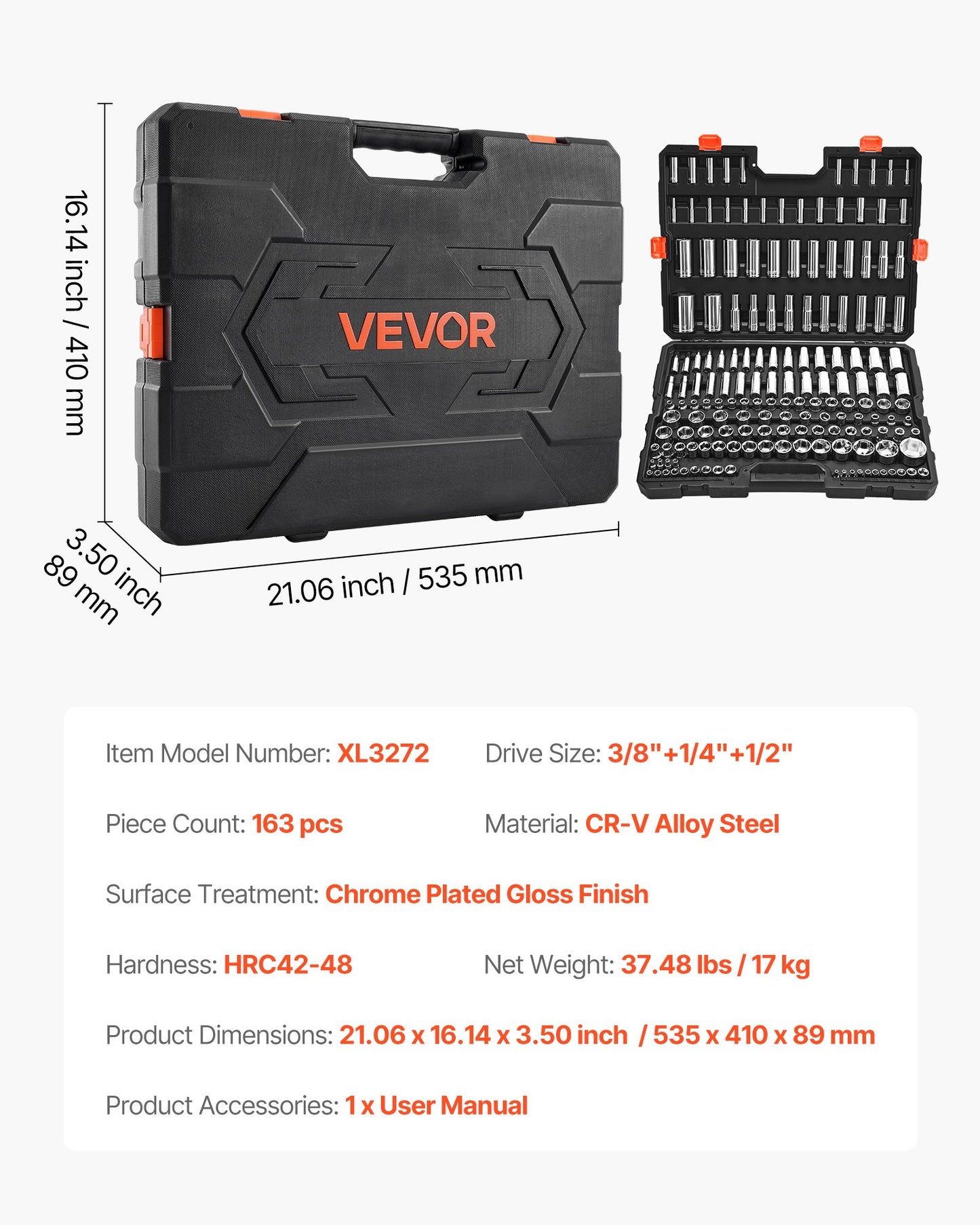 Socket Set, 163 Pieces, 9.5 & 6.4 & 12.7 mm Drive Socket Tool Set, SAE and Metric, Deep and Standard, Mechanic Tool Kit with Storage Case, Chrome Plated CR-V Alloy Steel, for Automotive Repair