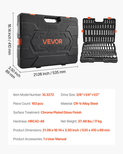 Socket Set, 163 Pieces, 9.5 & 6.4 & 12.7 mm Drive Socket Tool Set, SAE and Metric, Deep and Standard, Mechanic Tool Kit with Storage Case, Chrome Plated CR-V Alloy Steel, for Automotive Repair