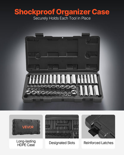 Socket Set, 46 Pieces, 6.4 mm Drive Socket Tool Set, SAE and Metric Size, Deep and Standard, Mechanic Tool Kit with Storage Case, Chrome Plated CR-V Alloy Steel, for Automotive Repair