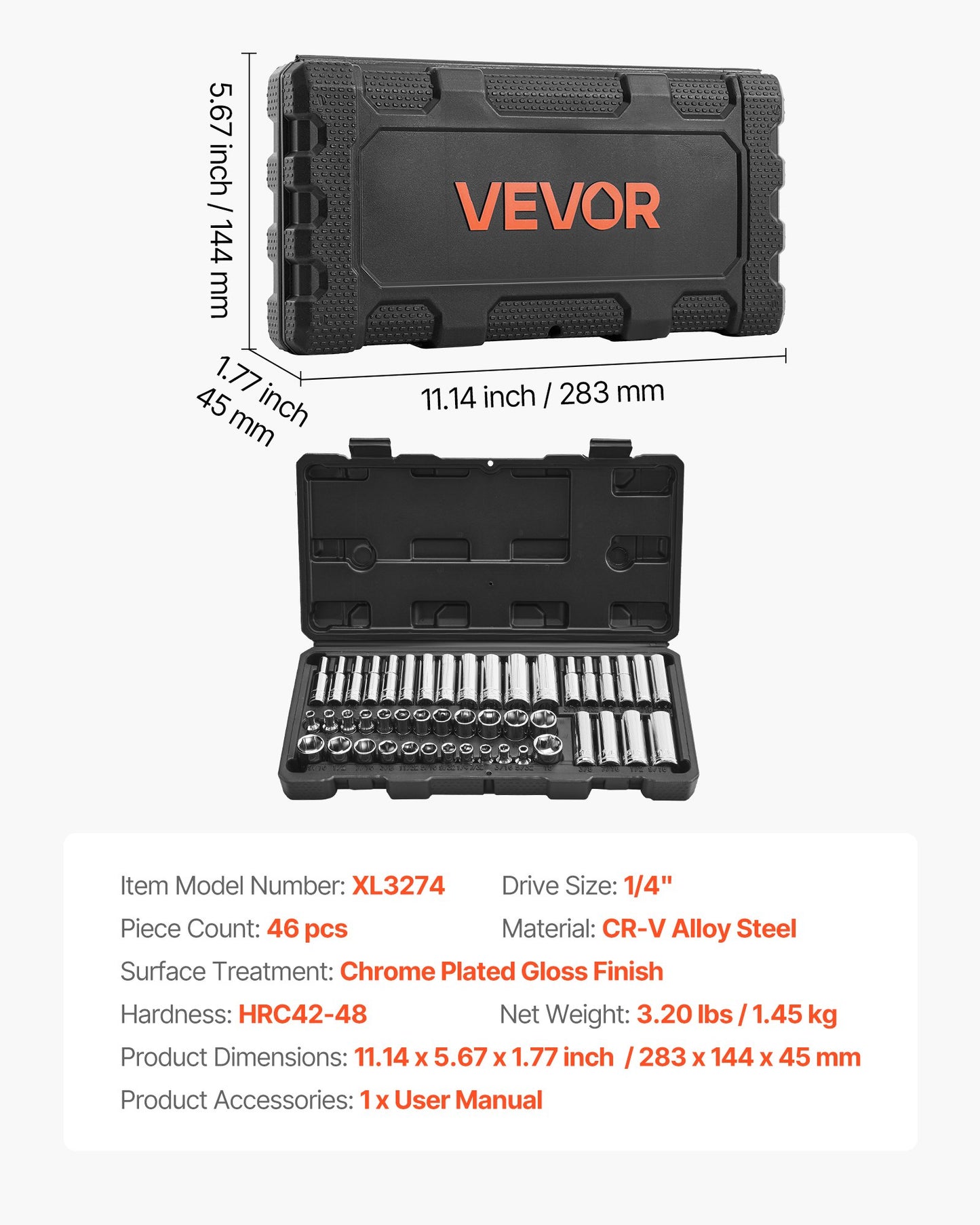 Socket Set, 46 Pieces, 6.4 mm Drive Socket Tool Set, SAE and Metric Size, Deep and Standard, Mechanic Tool Kit with Storage Case, Chrome Plated CR-V Alloy Steel, for Automotive Repair