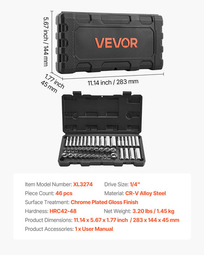 Socket Set, 46 Pieces, 6.4 mm Drive Socket Tool Set, SAE and Metric Size, Deep and Standard, Mechanic Tool Kit with Storage Case, Chrome Plated CR-V Alloy Steel, for Automotive Repair