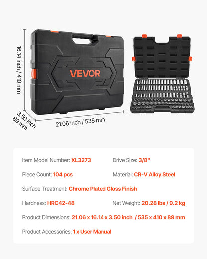 Socket Set, 104 Pieces, 9.5 mm Drive Socket Tool Set, Metric Size from 6 to 24 mm, Deep and Standard, Mechanic Tool Kit with Storage Case, Chrome Plated CR-V Alloy Steel, for Automotive Repair