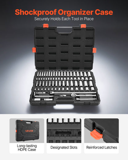 Socket Set, 76 Pieces, 9.5 mm Drive Socket and Ratchet Set, SAE and Metric, Deep and Shallow, Mechanic Tool Kit with Accessories and Storage Case, CR-V Alloy Steel, for Automotive Repair