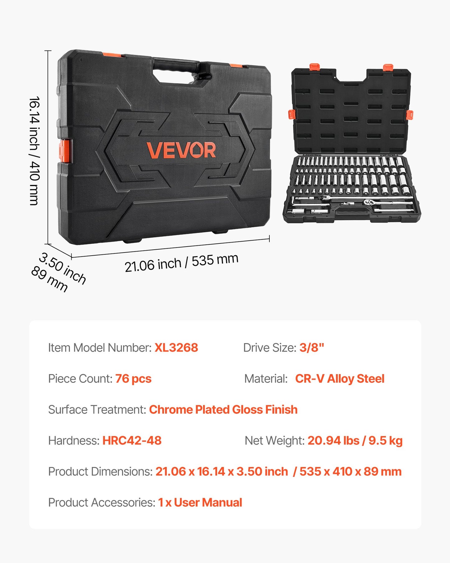 Socket Set, 76 Pieces, 9.5 mm Drive Socket and Ratchet Set, SAE and Metric, Deep and Shallow, Mechanic Tool Kit with Accessories and Storage Case, CR-V Alloy Steel, for Automotive Repair
