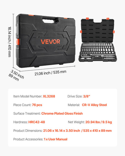 Socket Set, 76 Pieces, 9.5 mm Drive Socket and Ratchet Set, SAE and Metric, Deep and Shallow, Mechanic Tool Kit with Accessories and Storage Case, CR-V Alloy Steel, for Automotive Repair