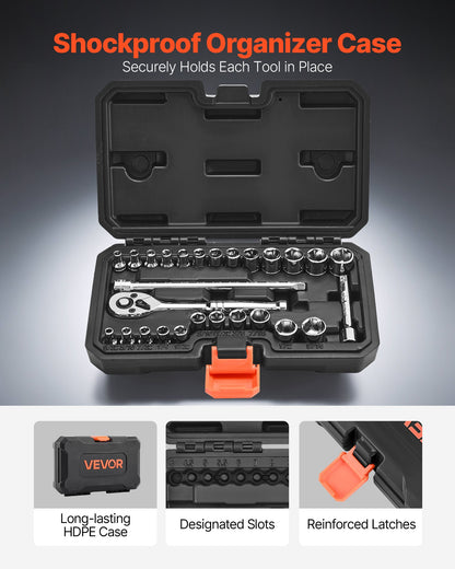 Socket Set, 27 Pieces, 6.4 mm Drive Socket and Ratchet Set, SAE and Metric, Mechanic Tool Kit with Ratchet Wrench, Extension Bar and Storage Case, CR-V Alloy Steel, for Automotive Repair