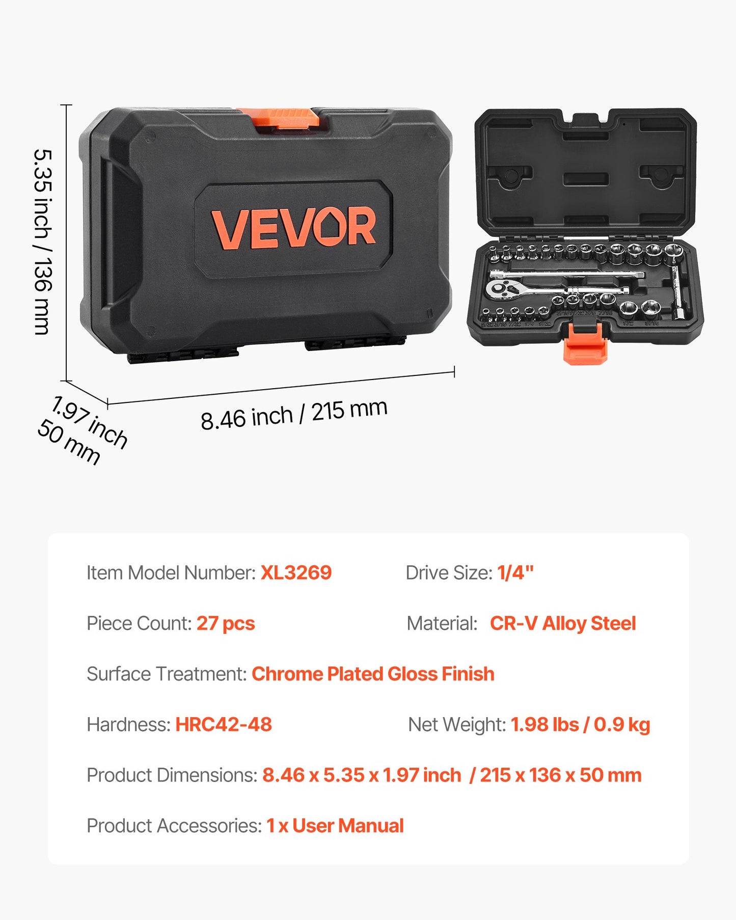 Socket Set, 27 Pieces, 6.4 mm Drive Socket and Ratchet Set, SAE and Metric, Mechanic Tool Kit with Ratchet Wrench, Extension Bar and Storage Case, CR-V Alloy Steel, for Automotive Repair