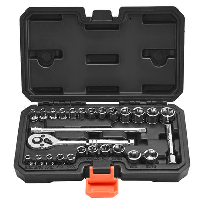 Socket Set, 27 Pieces, 6.4 mm Drive Socket and Ratchet Set, SAE and Metric, Mechanic Tool Kit with Ratchet Wrench, Extension Bar and Storage Case, CR-V Alloy Steel, for Automotive Repair