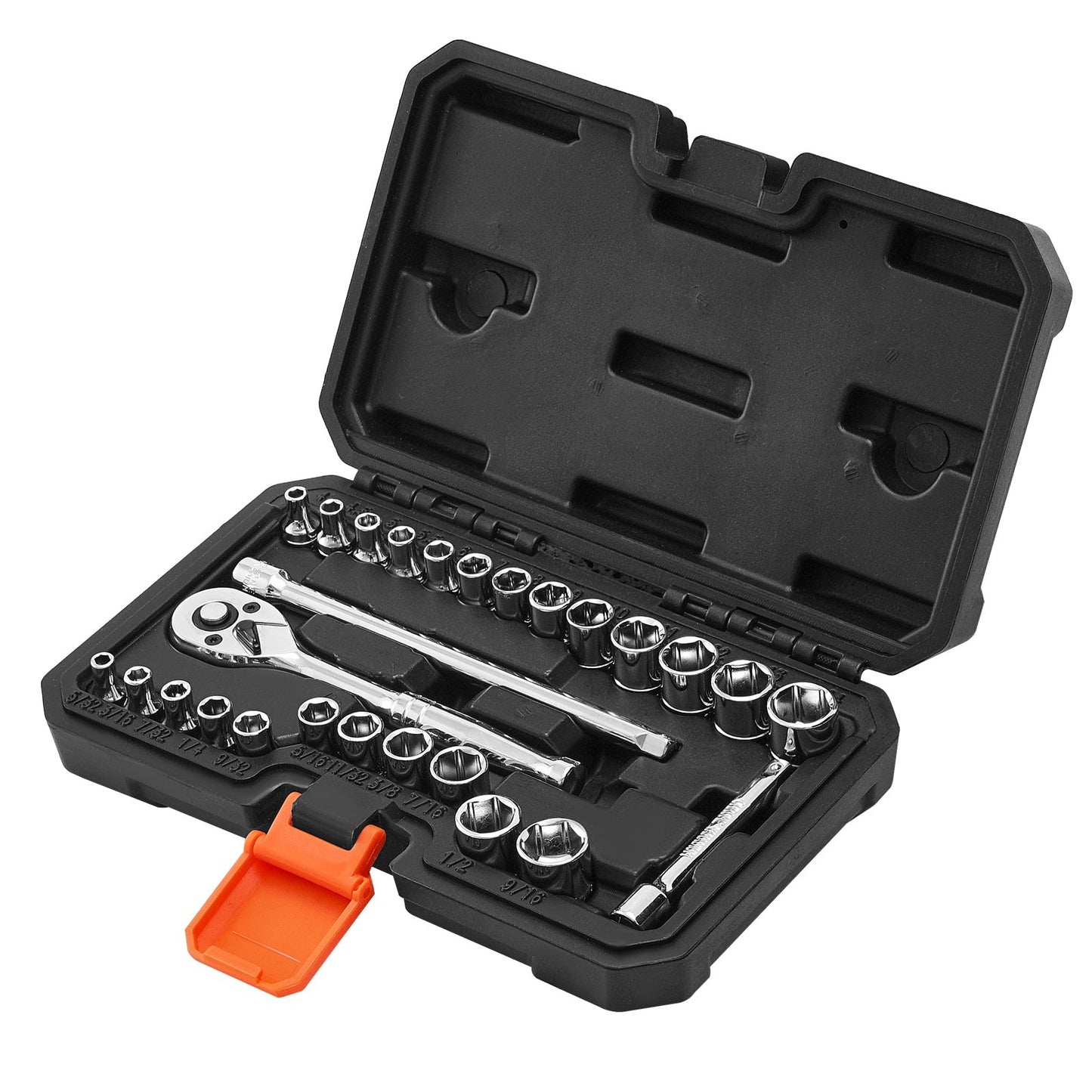 Socket Set, 27 Pieces, 6.4 mm Drive Socket and Ratchet Set, SAE and Metric, Mechanic Tool Kit with Ratchet Wrench, Extension Bar and Storage Case, CR-V Alloy Steel, for Automotive Repair