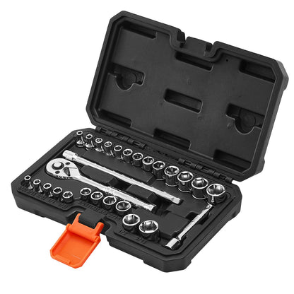 Socket Set, 27 Pieces, 6.4 mm Drive Socket and Ratchet Set, SAE and Metric, Mechanic Tool Kit with Ratchet Wrench, Extension Bar and Storage Case, CR-V Alloy Steel, for Automotive Repair