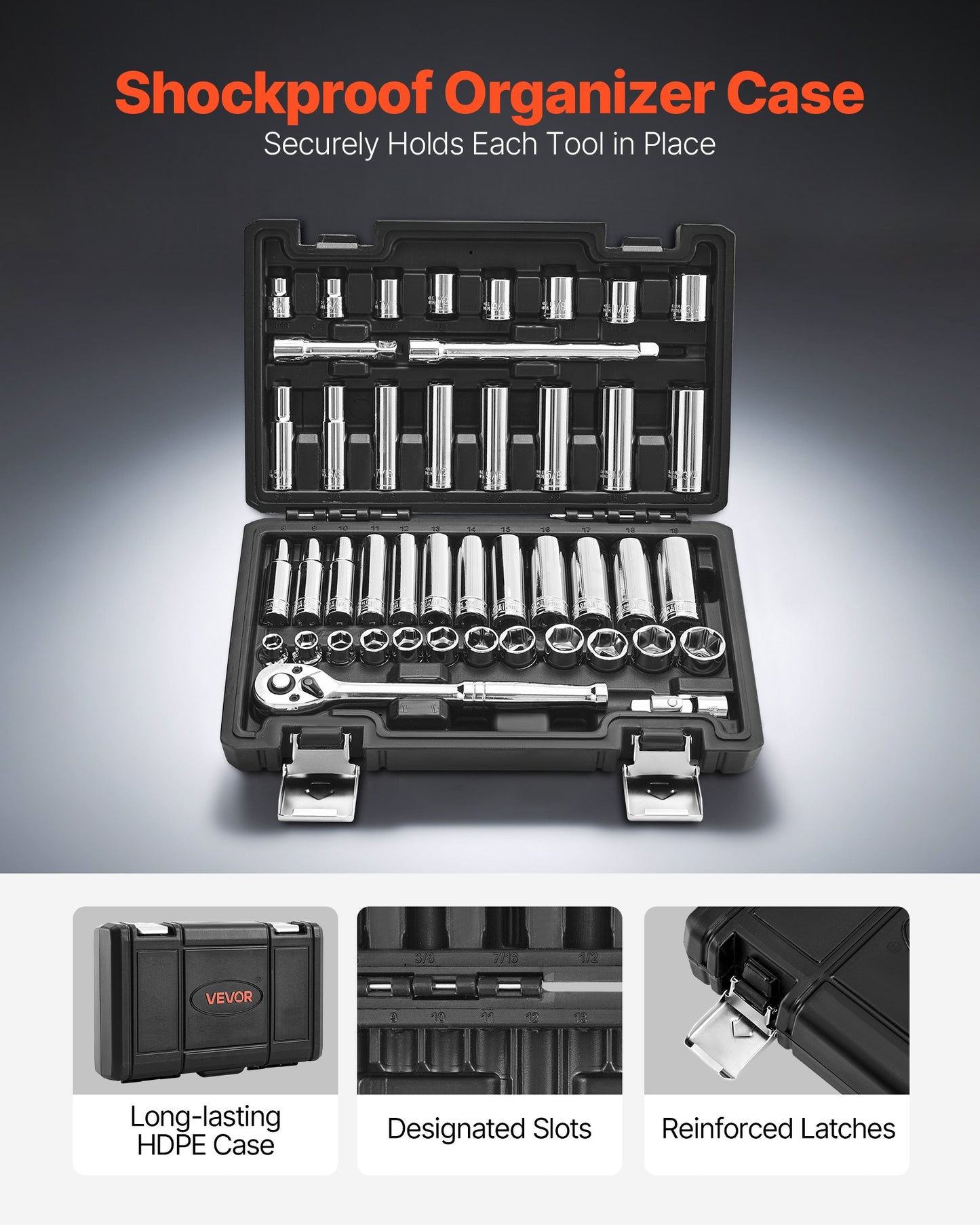 Socket Set, 44 Pieces, 9.5 mm Drive Socket and Ratchet Set, SAE and Metric, Deep and Shallow, Mechanic Tool Kit with Accessories and Storage Case, CR-V Alloy Steel, for Automotive Repair