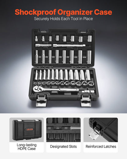 Socket Set, 44 Pieces, 9.5 mm Drive Socket and Ratchet Set, SAE and Metric, Deep and Shallow, Mechanic Tool Kit with Accessories and Storage Case, CR-V Alloy Steel, for Automotive Repair