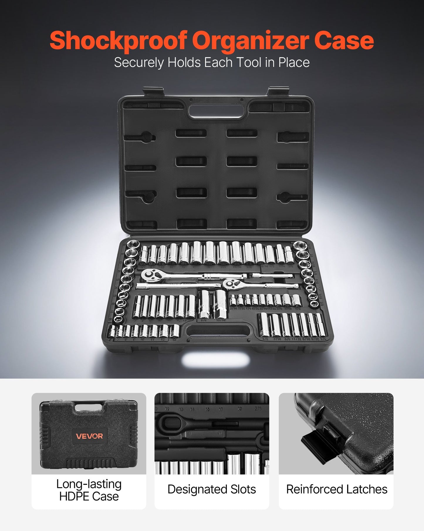 Socket Set, 69 Pieces, 9.5 & 6.4 mm Drive Socket and Ratchet Set, SAE and Metric, Deep and Standard, Mechanic Tool Kit with Accessories and Storage Case, CR-V Alloy Steel, for Auto Repair