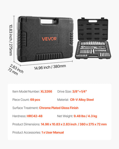 Socket Set, 69 Pieces, 9.5 & 6.4 mm Drive Socket and Ratchet Set, SAE and Metric, Deep and Standard, Mechanic Tool Kit with Accessories and Storage Case, CR-V Alloy Steel, for Auto Repair