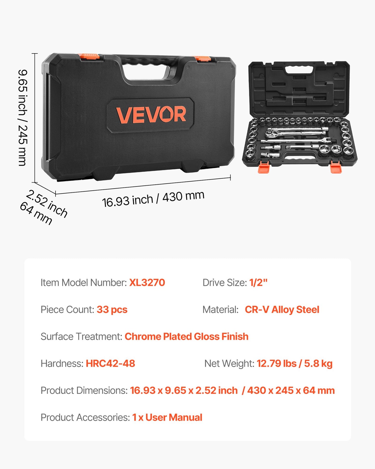 Socket Set, 33 Pieces, 12.7 mm Drive Socket and Ratchet Set, SAE and Metric, Mechanic Tool Kit with Ratchet Wrench, Extension Bar and Storage Case, CR-V Alloy Steel, for Automotive Repair