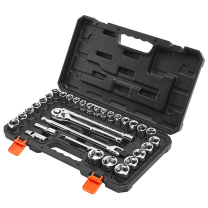 Socket Set, 33 Pieces, 12.7 mm Drive Socket and Ratchet Set, SAE and Metric, Mechanic Tool Kit with Ratchet Wrench, Extension Bar and Storage Case, CR-V Alloy Steel, for Automotive Repair
