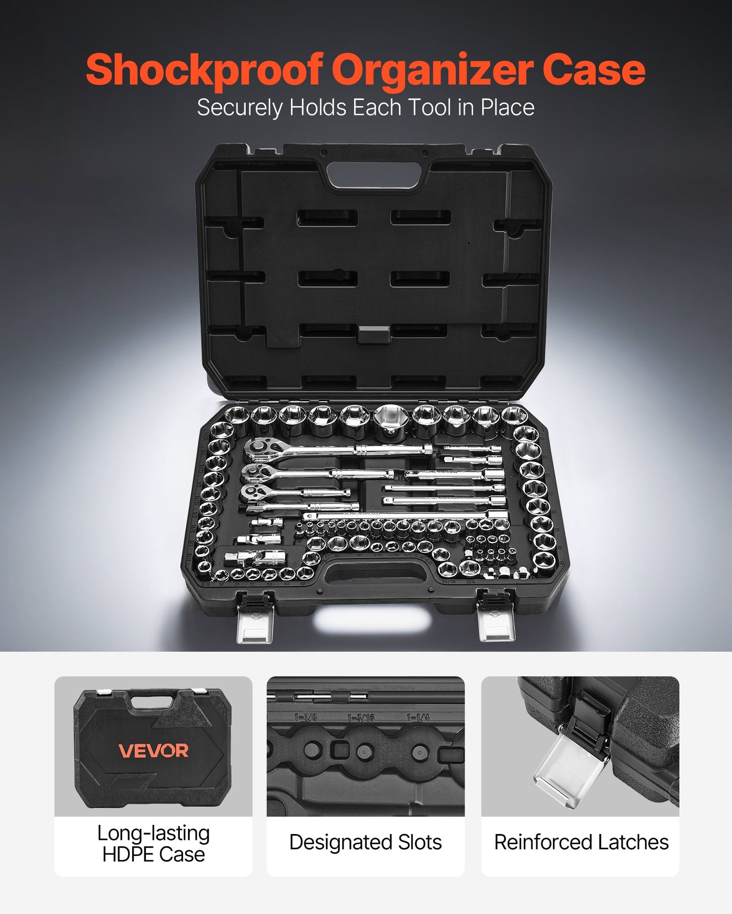 Socket Set, 86 Pieces, 9.5 & 6.4 & 12.7 mm Drive Socket and Ratchet Set, SAE and Metric, Mechanic Tool Kit with Ratchet Wrench, Accessories and Storage Case, CR-V Alloy Steel, for Auto Repair