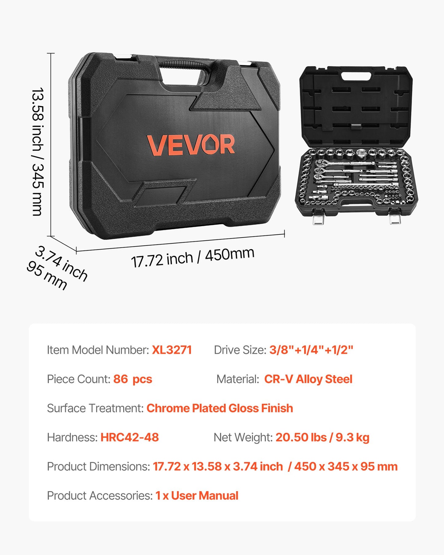Socket Set, 86 Pieces, 9.5 & 6.4 & 12.7 mm Drive Socket and Ratchet Set, SAE and Metric, Mechanic Tool Kit with Ratchet Wrench, Accessories and Storage Case, CR-V Alloy Steel, for Auto Repair