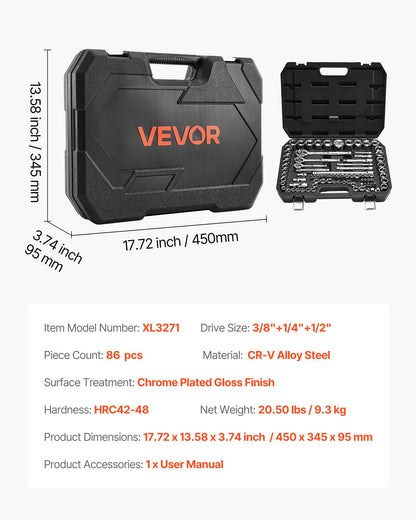 Socket Set, 86 Pieces, 9.5 & 6.4 & 12.7 mm Drive Socket and Ratchet Set, SAE and Metric, Mechanic Tool Kit with Ratchet Wrench, Accessories and Storage Case, CR-V Alloy Steel, for Auto Repair
