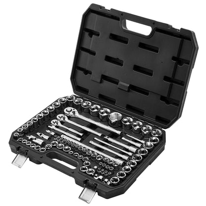Socket Set, 86 Pieces, 9.5 & 6.4 & 12.7 mm Drive Socket and Ratchet Set, SAE and Metric, Mechanic Tool Kit with Ratchet Wrench, Accessories and Storage Case, CR-V Alloy Steel, for Auto Repair