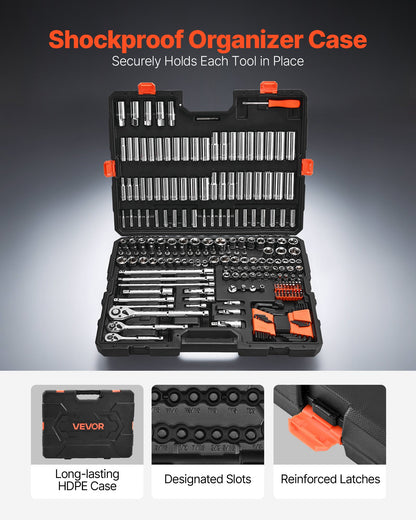 Socket Set, 225 Pieces, 9.5 & 6.4 & 12.7 mm Drive Socket and Ratchet Set, SAE and Metric, Deep and Shallow, Mechanic Tool Kit with Bits, Accessories, Storage Case, CR-V Alloy Steel, for Repair