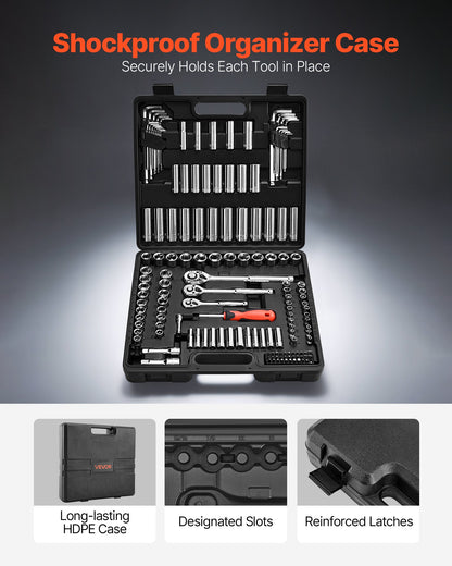 Socket Set, 149 Pieces, 9.5 & 6.4 & 12.7 mm Drive Socket and Ratchet Set, SAE and Metric, Deep and Shallow, Mechanic Tool Kit with Bits, Accessories, Storage Case, CR-V Alloy Steel, for Repair