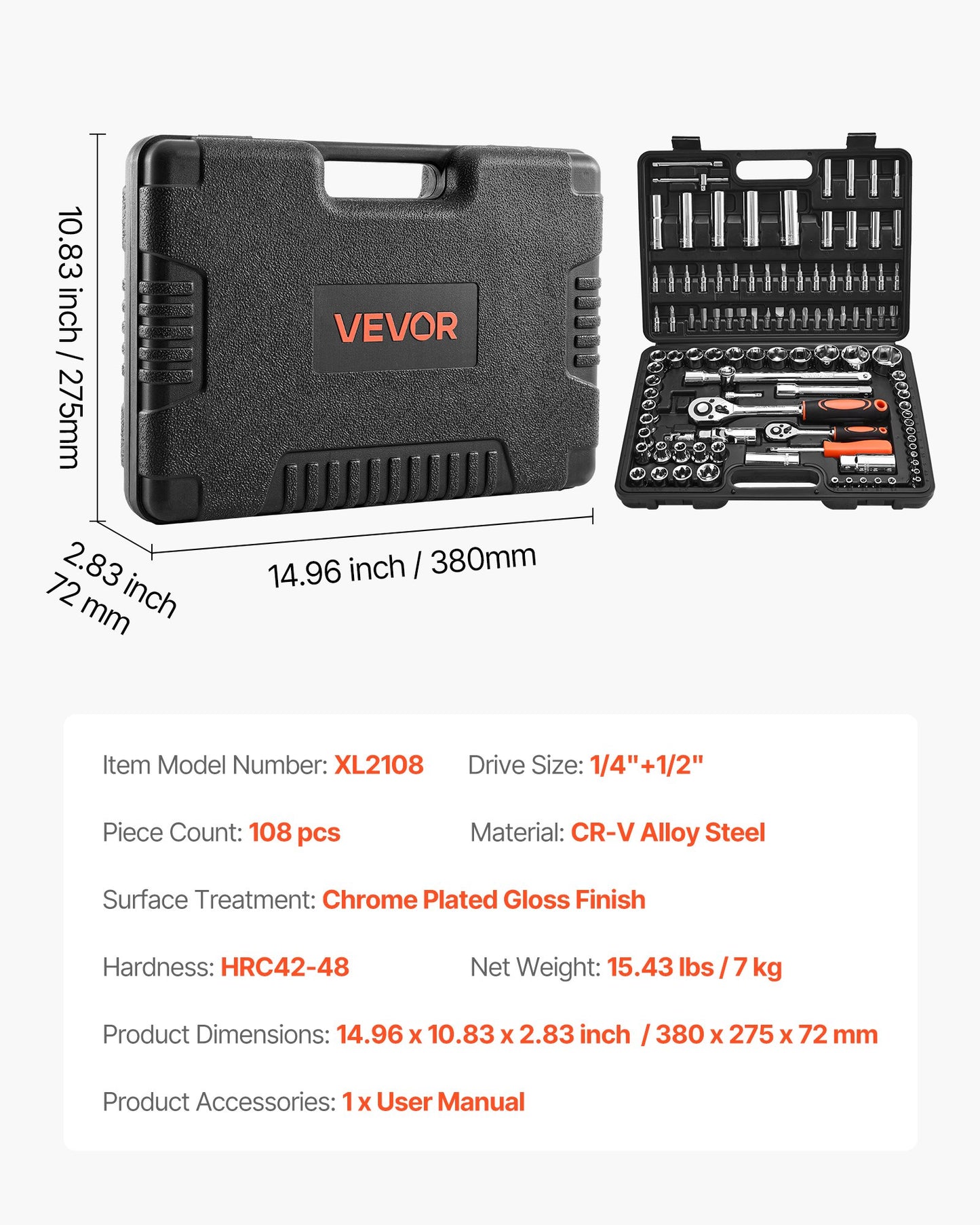 Socket Set, 108 Pieces, 6.4 & 12.7 mm Drive Socket and Ratchet Set, Metric Size from 4 to 32 mm, Mechanic Tool Kit with Bits, Accessories, Storage Case, CR-V Alloy Steel, for Automotive Repair