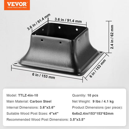 Heavy Duty Steel Post Base 10-Piece Set, 91x91mm Internal for 4x4 Wood Posts