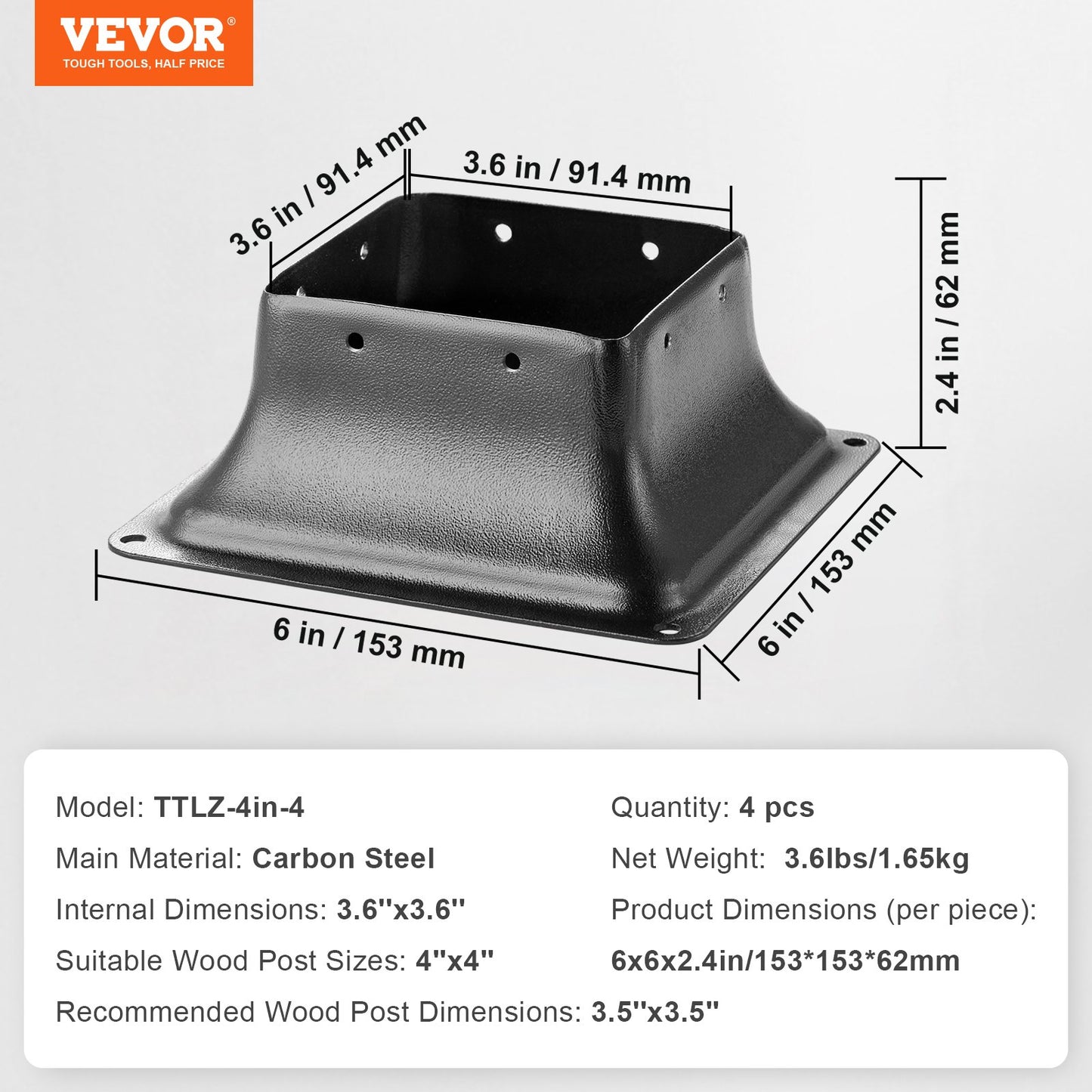 VEVOR 101.6x101.6mm Post Base 4Pcs, Internal 91x91mm Heavy Duty Powder-Coated Steel