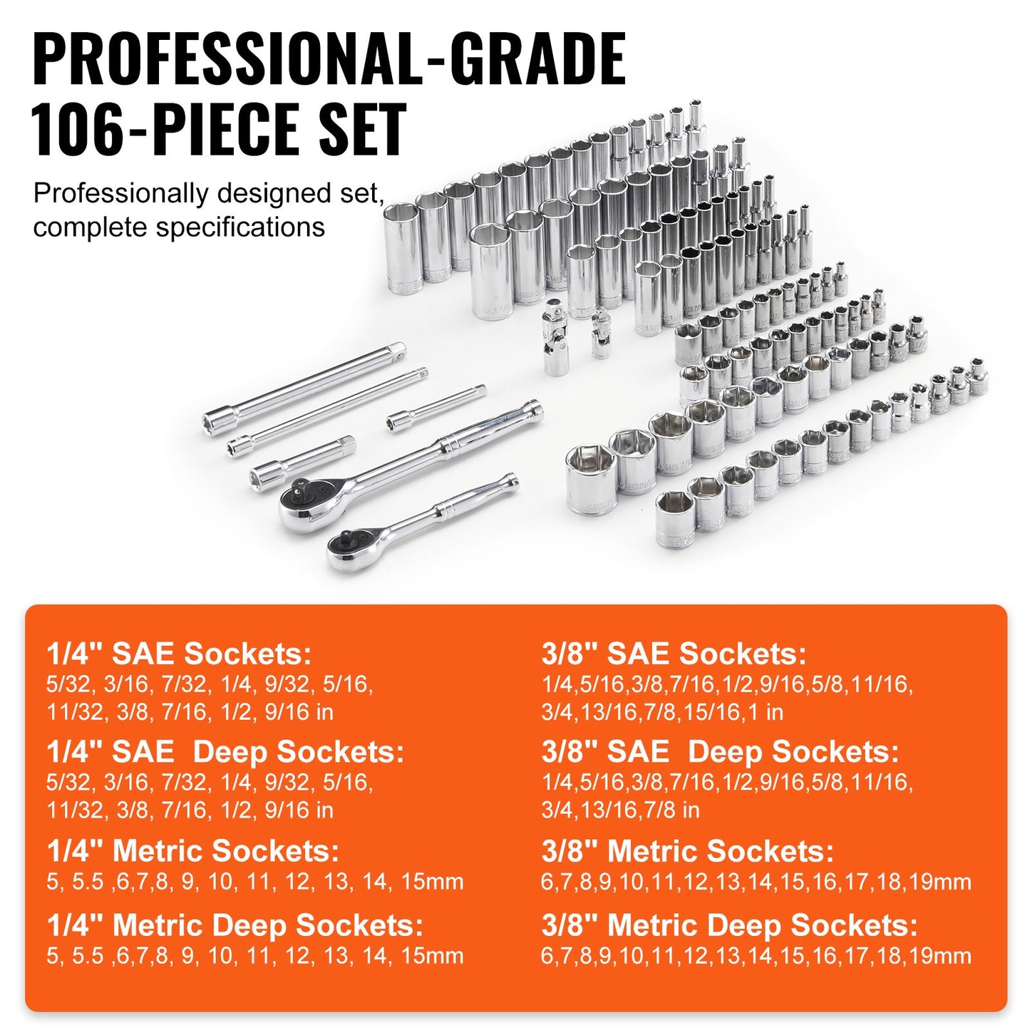 VEVOR Socket Set, 1/4" and 3/8" Drive Socket and Ratchet Set, 6-Point Socket Opening,